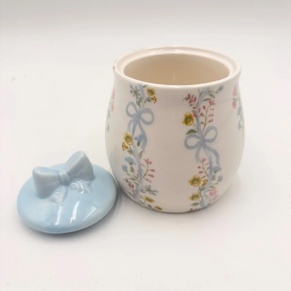 Floral Ribbon Ceramic Sugar Bowl Blue Bow Lid 8oz Coquette NEW